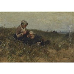 Mother And Baby Resting In A Field by Bernardus Johannes Blommers