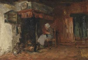 A Woman Knitting By The Fire Place by Bernardus Johannes Blommers