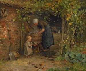 Mother With Daughter Holding Doll On Washing Day by Bernardus Johannes Blommers