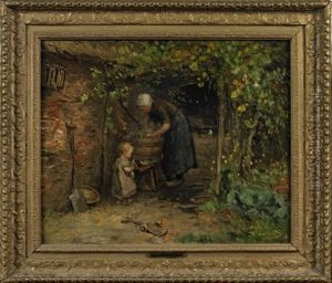 Mother With Daughter Holding Doll On Washing Day by Bernardus Johannes Blommers