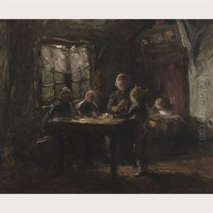 Mother And Children By A Sunlit Window by Bernardus Johannes Blommers