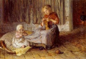 A Girl Knitting And A Baby In A Cottage Interior by Bernardus Johannes Blommers