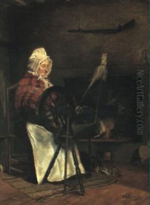 Interieur Med Gammel Kone Ved Rokken by Bernardus Johannes Blommers