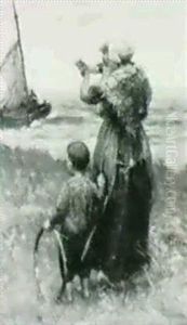 A Fond Farewell/genre Scene With Mother And Children On A   Beach by Bernardus Johannes Blommers