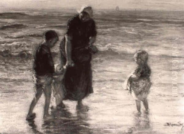 Mother And Children On The Beach - view 1