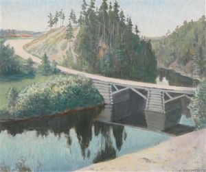 Finnische Flusslandschaft Mit Holzbrucke by Vaeinoe Alfred Blomstedt