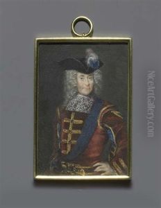 A Nobleman, In Gold-edged Bordeaux-red Velvet Coat With Slashed Sleeves To Reveal Blue Velvet