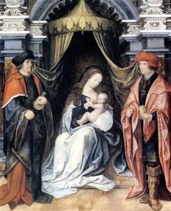 The Madonna And Child Under A Canopy With Saints Damian And Cosmas.