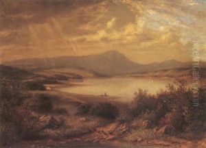 A Landscape With Sailboats On A Lake And A Mountain Beyond