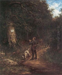 A Hunter With His Dog On A Forest Path by Hiram Reynolds Bloomer