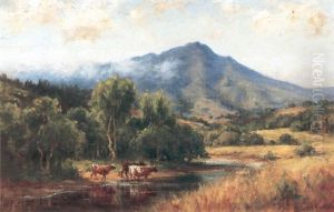 Cows Watering In A Stream With A Mountain In The Distance by Hiram Reynolds Bloomer