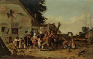 Ausgelassene Gesellschaft Vor Dem Wirtshaus