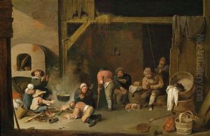 Scheuneninterieur Mit Essenden Und Sich Bei Einem Offenen Feuer Warmenden Bauern by Pieter de Bloot