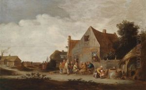 Dorfstrasse Mit Bauern Vor Einer Taverne