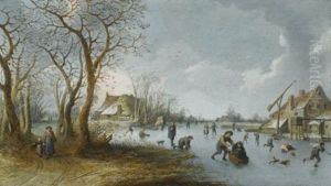 A Frozen River Landscape With A Man Pushing His Wife Along The Ice In A Sledge