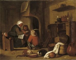 A Woman Reading To Children In An Interior Near A Fireplace by Pieter de Bloot