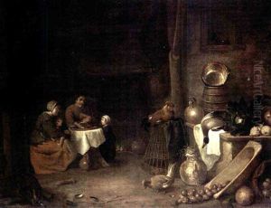 A Barn Interior With A Still Life Of Kitchen Utensils And A Peasant Family Seated Round A Table by Pieter de Bloot