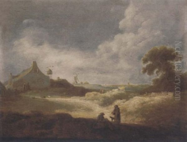 An Extensive Landscape With Peasants In The Foreground, A Farmhouse And A Windmill Beyond - view 1