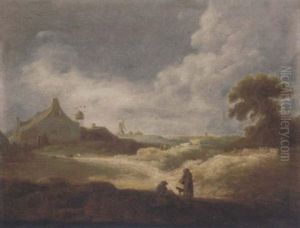 An Extensive Landscape With Peasants In The Foreground, A Farmhouse And A Windmill Beyond by Pieter de Bloot