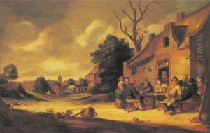 Peasants Outside A Tavern, A Village With A Market Beyond by Pieter de Bloot