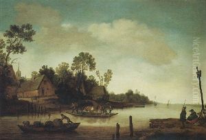 River Landscape With A Ferry Boat Near A Village