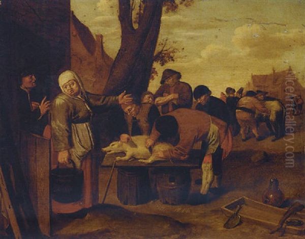 Peasants Jointing A Pig Outside A Cottage - view 1