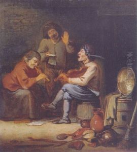 The Sense Of Hearing: Peasants Music-making In A Barn, A Pile Of Kitchen Utensils In The Foreground by Pieter de Bloot