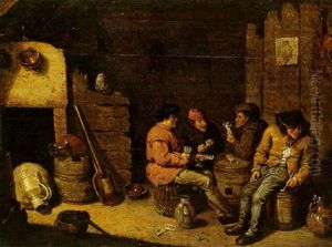 Peasants Playing Cards In A Barn Interior by Pieter de Bloot