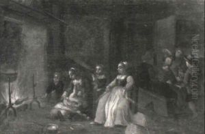 Peasants Seated Around A Fire And Eating At A Table In A Cottage by Pieter de Bloot