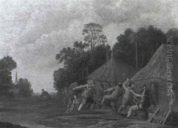An Ambush Before Thatched Cottages At The Edge Of A Wood - view 1