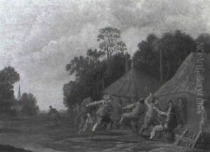An Ambush Before Thatched Cottages At The Edge Of A Wood