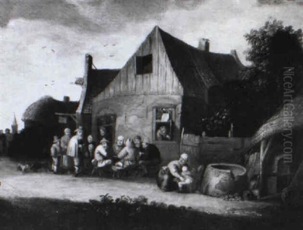 Musicien Et Personnages Devant Une Auberge - view 1