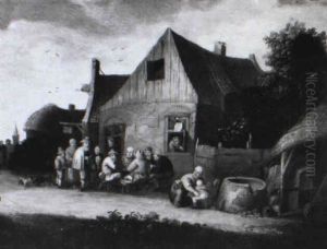 Musicien Et Personnages Devant Une Auberge