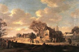 Peasants Walking Along A Village Street Whilst Other        Villagers Gather And Dance Beyond