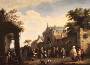 Des Moines Distribuant Du Pain A Des Paysans Devant Une Eglise by Pieter de Bloot