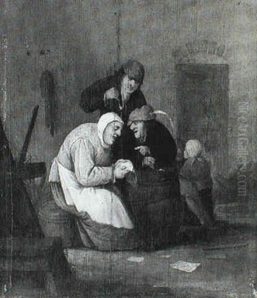 A Group Of Peasants Seated Around A Barrel - view 1