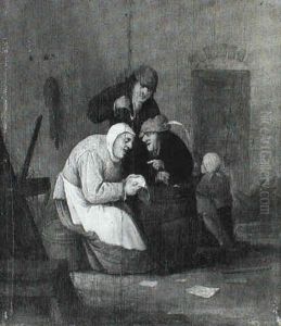 A Group Of Peasants Seated Around A Barrel