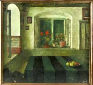 Bauernstube Mit Apfeln Auf Dem Tisch Und Topfblumen Auf Der Fensterbank