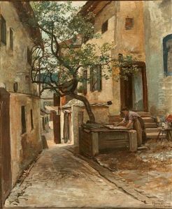 Blick In Eine Gasse Mit Einer Wascherin Im Vordergrund by Hans Blum