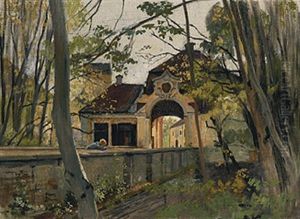Barockes Torhaus Im Schwabischen Mit Figurenstaffage Auf Der Brucke by Hans Blum