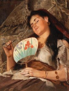 Girl Smoking Pipe With Japanese Fan by Edmund Blume