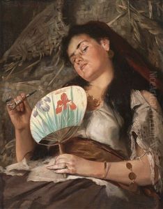 Halbfigurliches Portrait Einer Liegenden Mit Pfeife Und Japanischem Facher by Edmund Blume