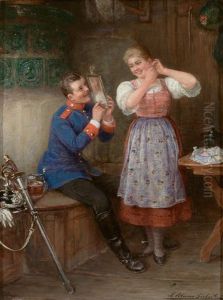 Das Geschenk. Junger Militar Halt Seiner Braut, Die Ohrringe Anprobiert, Den Spiegel by Ludwig Blume-Siebert