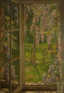 Am Fenster. Blick Auf Einen Fruhlingsgarten Mit Bluhenden Glyzinien by August Blunck