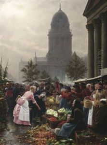 Berlin. Marktreiben Auf Dem Gendarmenmarkt, Im Hintergrund Die Kuppel Des Franzosischen Domes by August Blunck