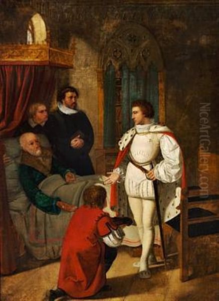 Cansleren Niels Kaas, Som Paa Sin Sotteseng Giver Christian Iv Noglen Til Rigets Klenodier - view 1