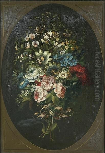 A Ribbon Tied Bouquet Of Flowers, Within A Painted Oval - view 1