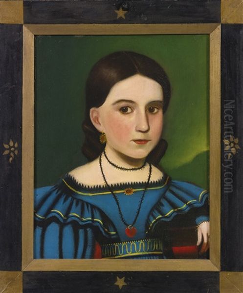Portrait Of A Young Dark-haired Girl In A Blue Dress And Red Locket - view 1