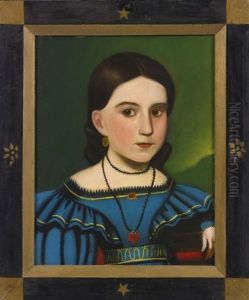 Portrait Of A Young Dark-haired Girl In A Blue Dress And Red Locket