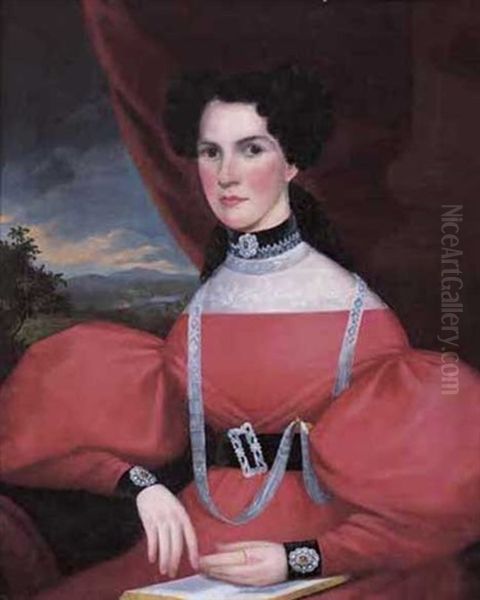 Portrait Of A Seated Lady Wearing A Red Dress With Lace And Jewelry - view 1
